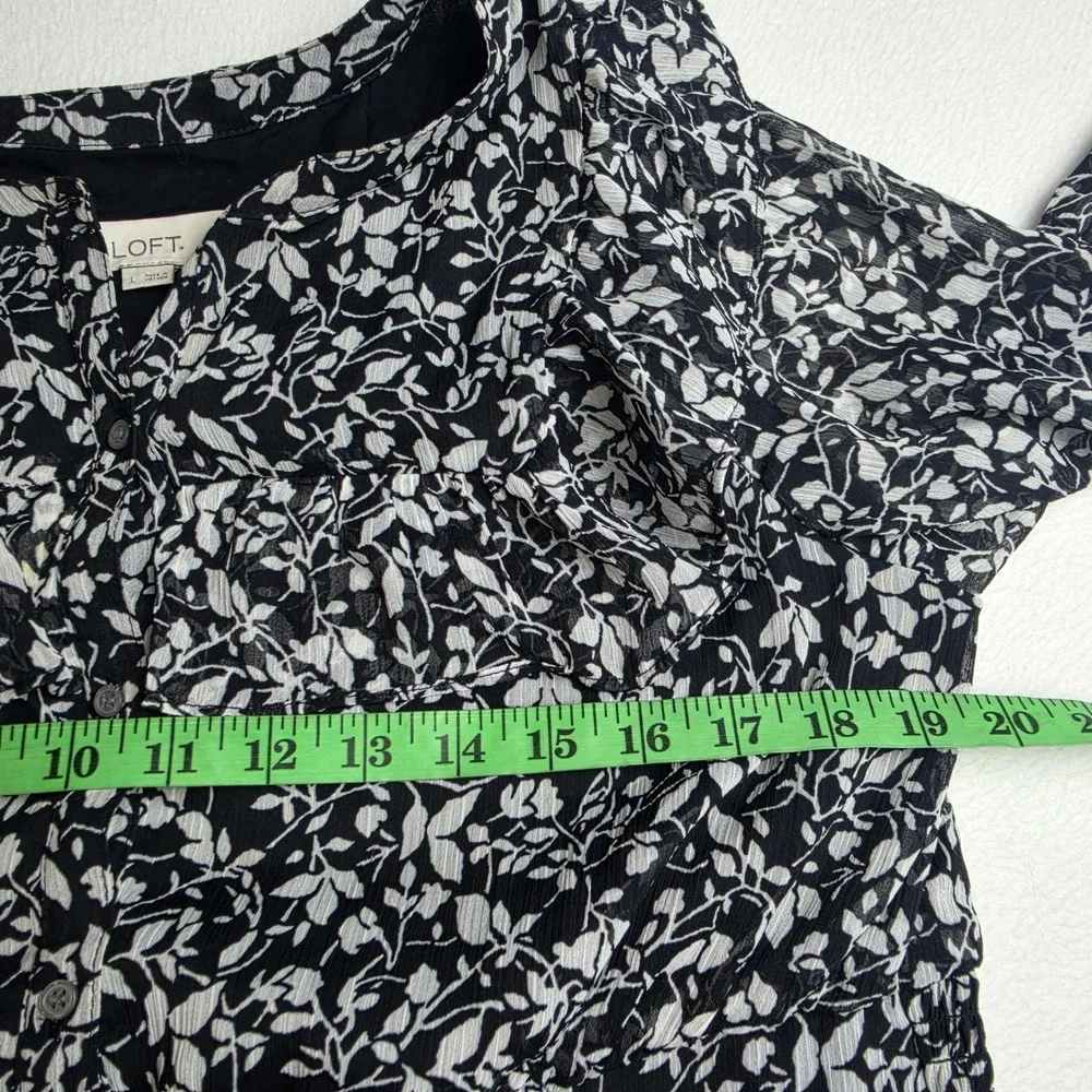 LOFT Black White Floral Ruffle Midi Dress 3/4 Sleeve Large